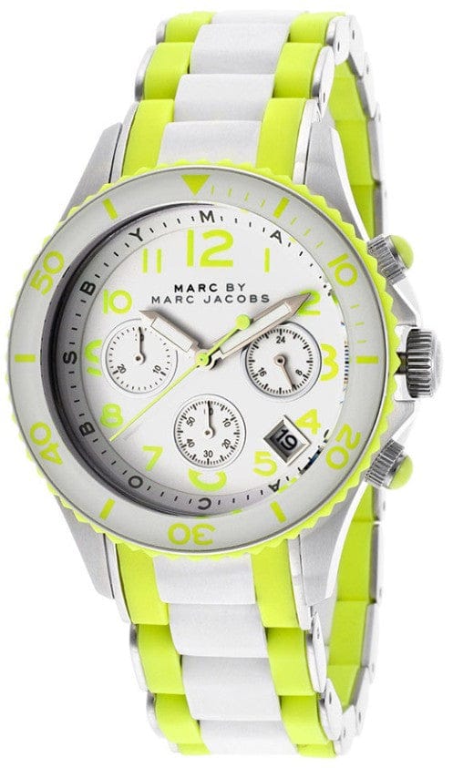 Marc Jacobs Rock Chronograph White Dial White & Green Silicone Strap Watch for Women - MBM2592