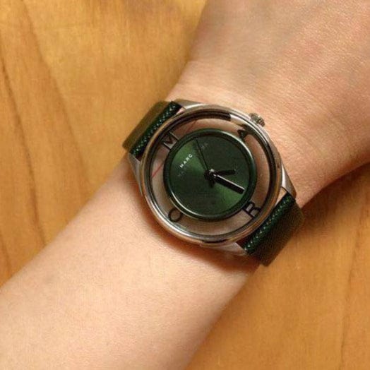 Marc Jacobs Tether Transparent Green Dial Green Leather Strap Watch for Women - MBM1378