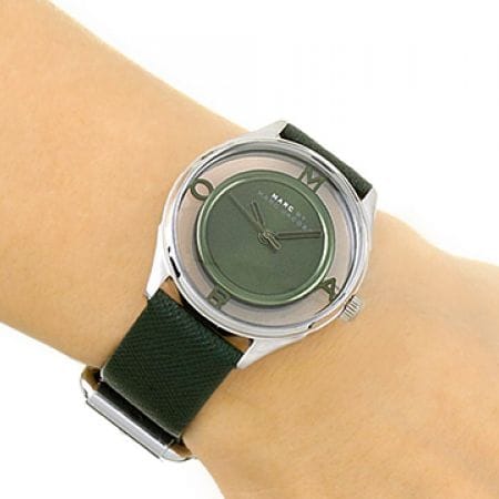 Marc Jacobs Tether Transparent Green Dial Green Leather Strap Watch for Women - MBM1378