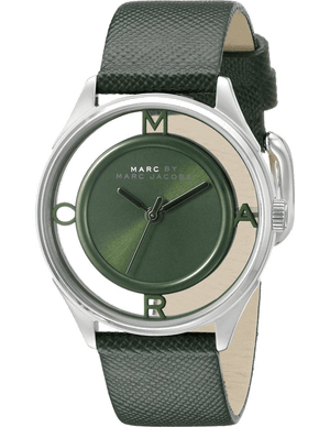 Marc Jacobs Tether Transparent Green Dial Green Leather Strap Watch for Women - MBM1378