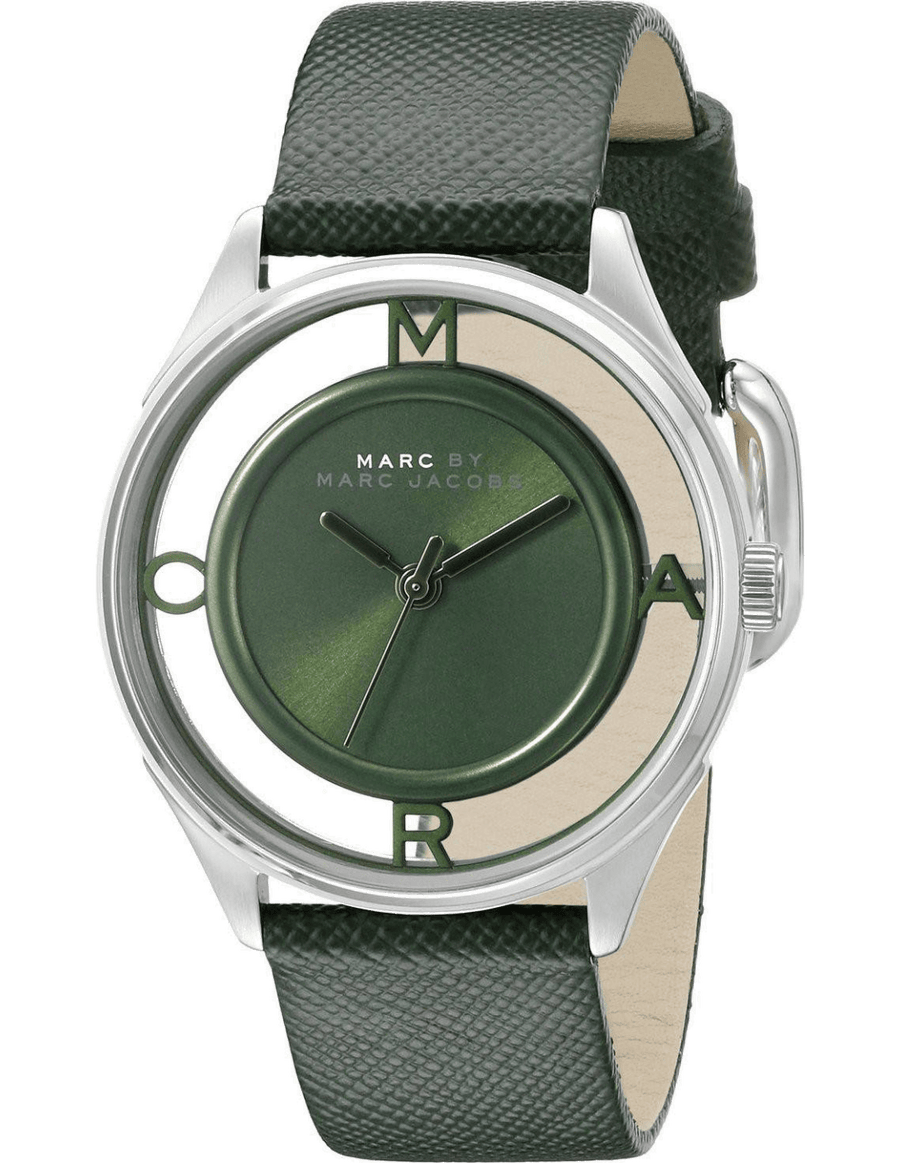 Marc Jacobs Tether Transparent Green Dial Green Leather Strap Watch for Women - MBM1378