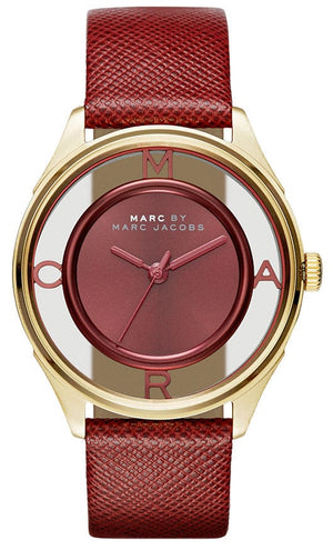 Marc Jacobs Tether Transparent Red Dial Red Leather Strap Watch for Women - MBM1377
