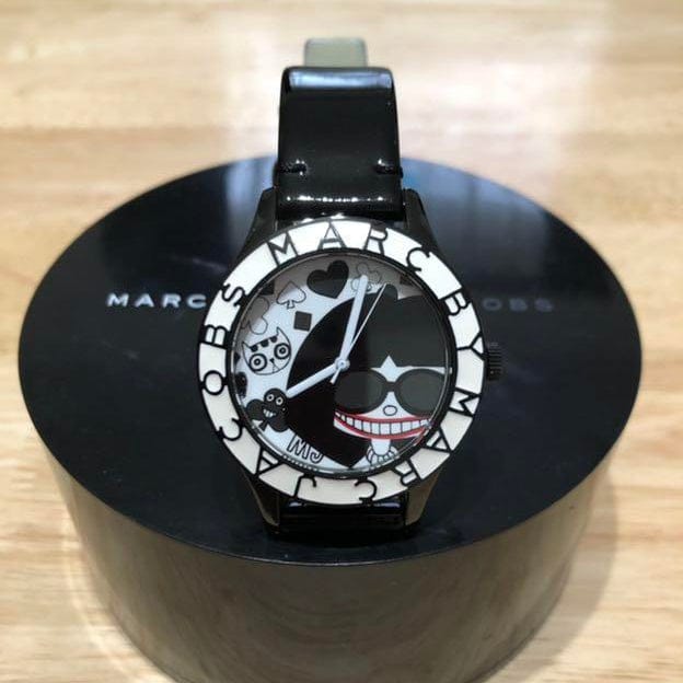 Marc Jacobs White & Black Dial Black Leather Strap Watch for Women - MBM1148