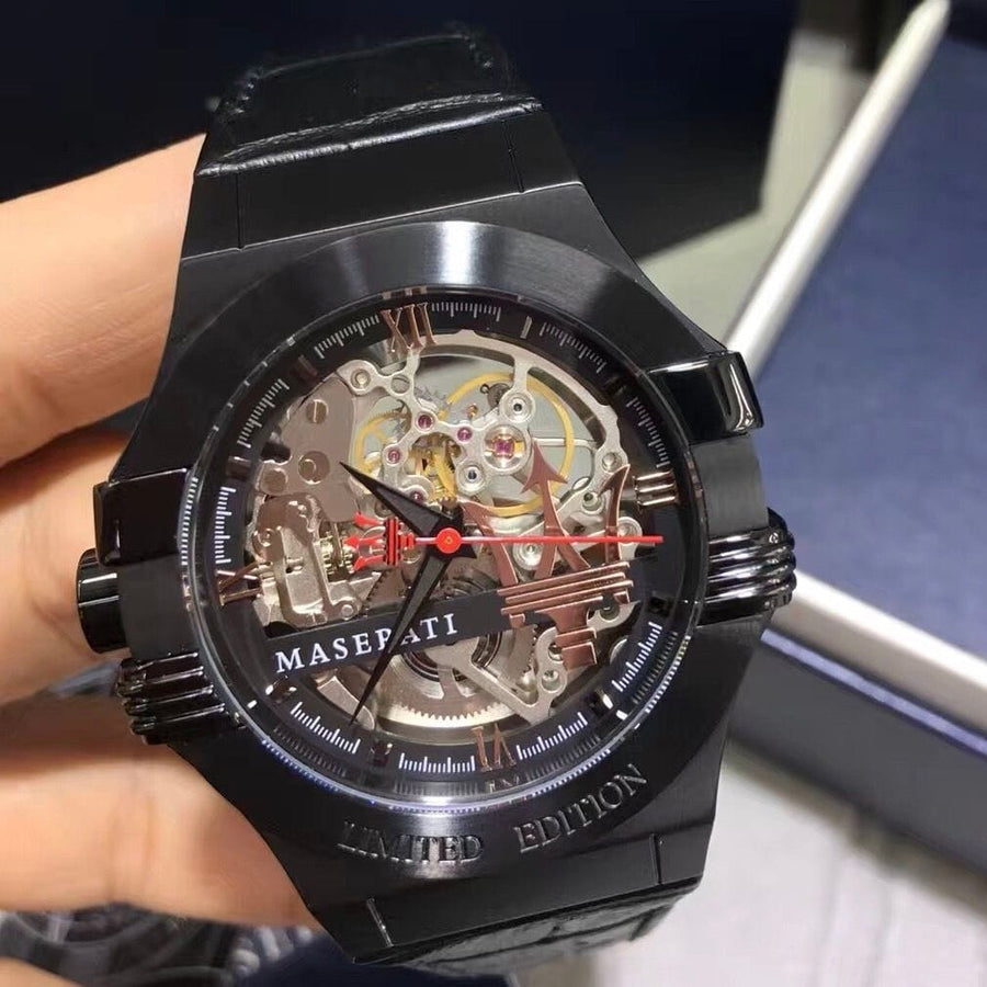 Maserati Automatic Skeleton Black Dial Black Leather Strap Watch For Men - R8821108021