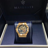 Maserati Automatic Skeleton Dial Rose Gold Blue Leather Strap Watch For Men - R8821108022