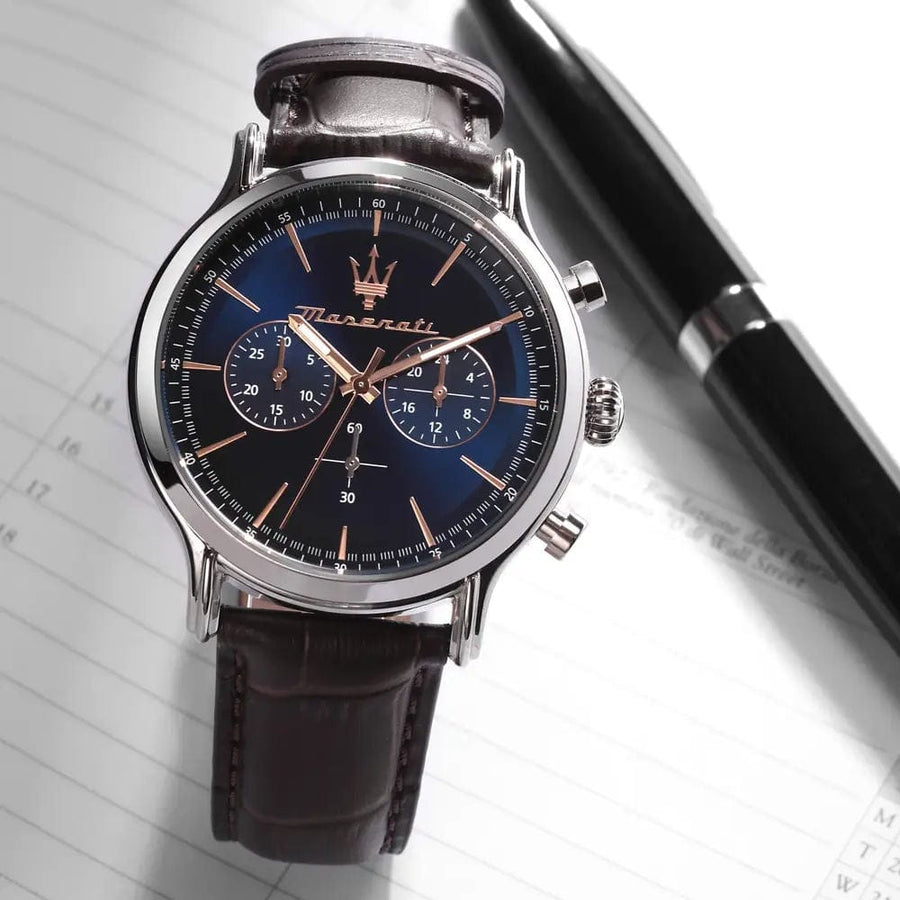 Maserati Epoca Chronograph Blue Dial Brown Leather Strap Watch For Men - R8871618014