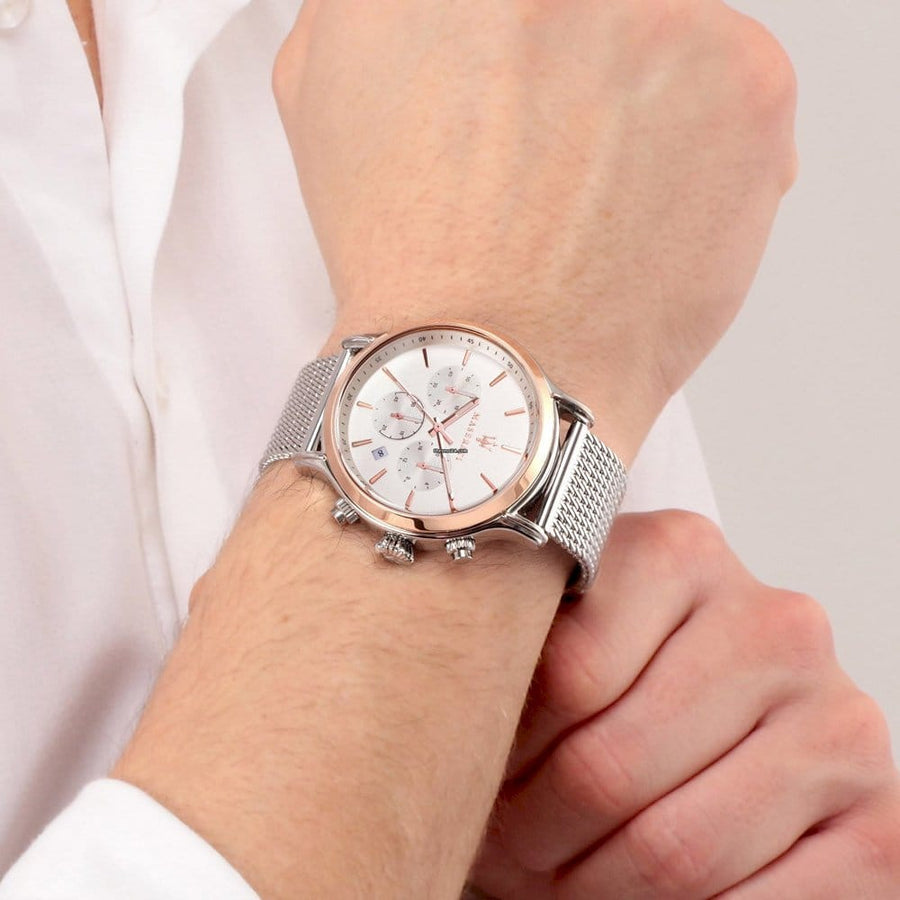 Maserati Epoca White Dial Chronograph Silver Mesh Bracelet Watch For Men - R8873618009