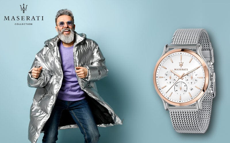 Maserati Epoca White Dial Chronograph Silver Mesh Bracelet Watch For Men - R8873618009
