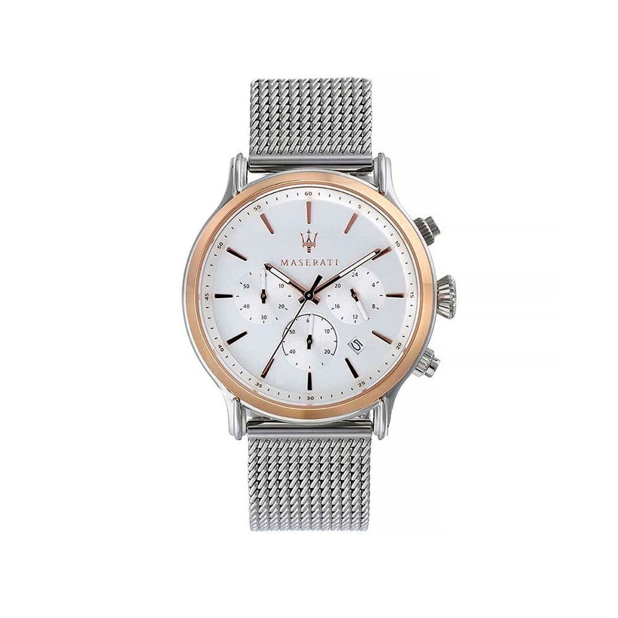 Maserati Epoca White Dial Chronograph Silver Mesh Bracelet Watch For Men - R8873618009