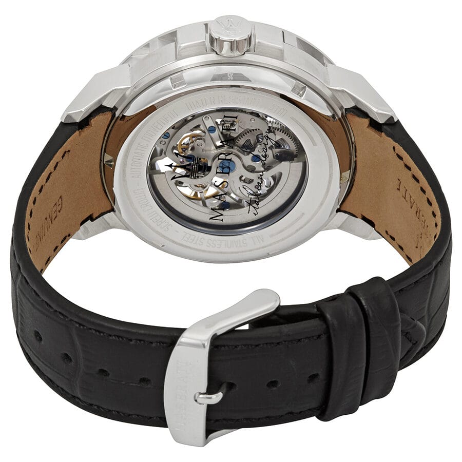 Maserati Ingegno Automatic Blue Skeleton Dial Black Leather Strap Watch For Men - R8821119004