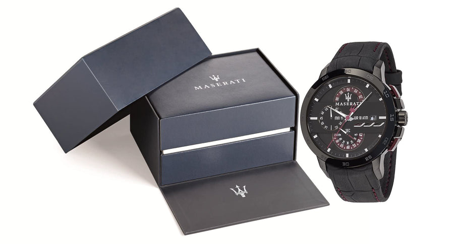 Maserati Ingegno Chronograph Black Dial Black Leather Strap Watch For Men - R8871619003