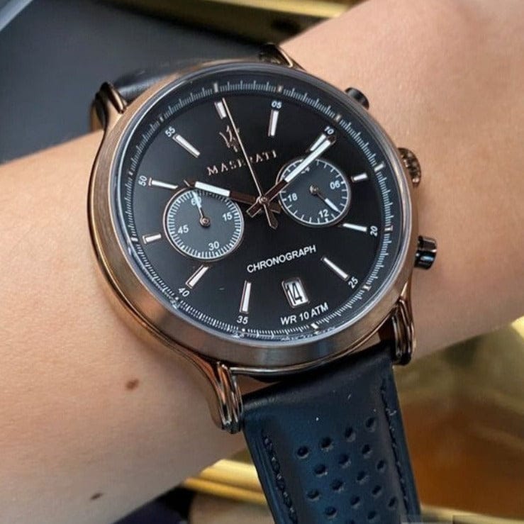 Maserati Legend Chronograph Black Dial Black Leather Strap Watch For Men - R8871638001