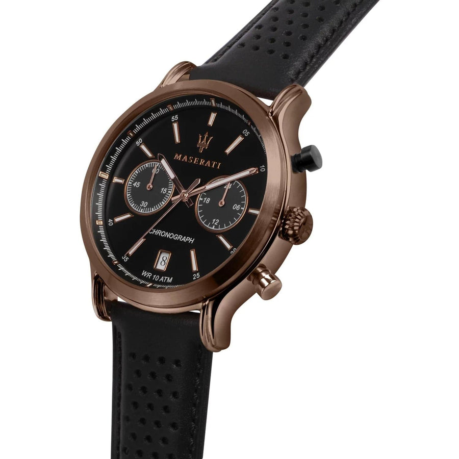 Maserati Legend Chronograph Black Dial Black Leather Strap Watch For Men - R8871638001