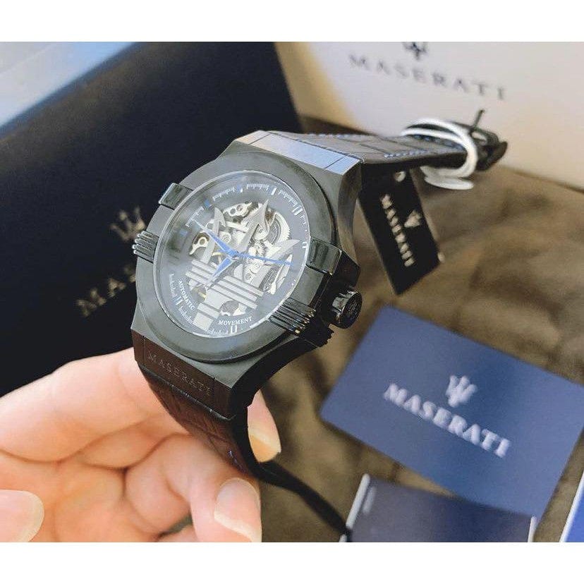 Maserati Potenza Automatic Black Dial Black Leather Strap Watch For Men - R8821108009