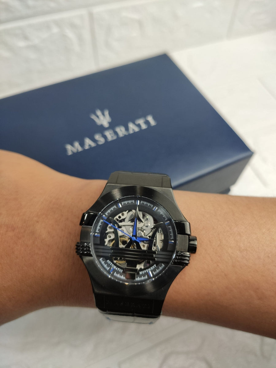 Maserati Potenza Automatic Black Dial Black Leather Strap Watch For Men - R8821108009