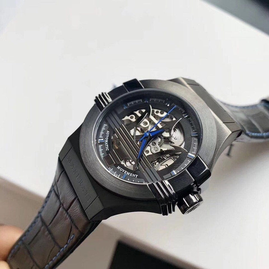 Maserati Potenza Automatic Black Dial Black Leather Strap Watch For Men - R8821108009