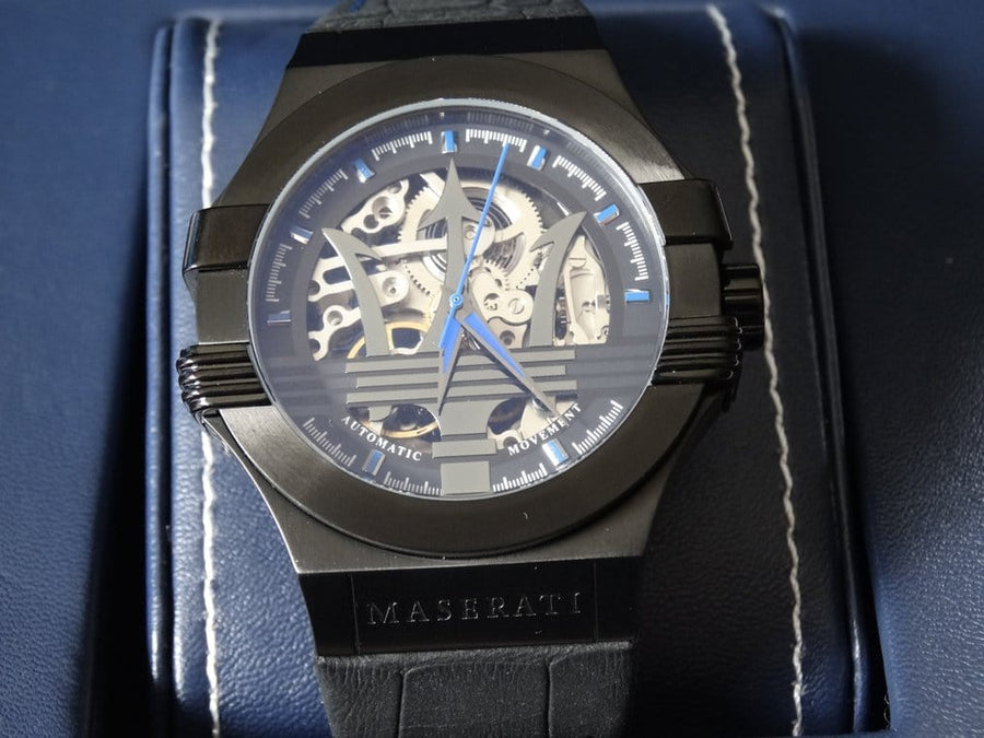 Maserati Potenza Automatic Black Dial Black Leather Strap Watch For Men - R8821108009