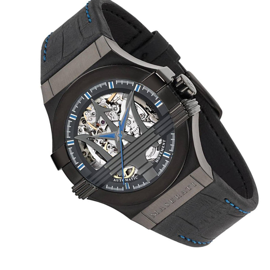 Maserati Potenza Automatic Black Dial Black Leather Strap Watch For Men - R8821108009