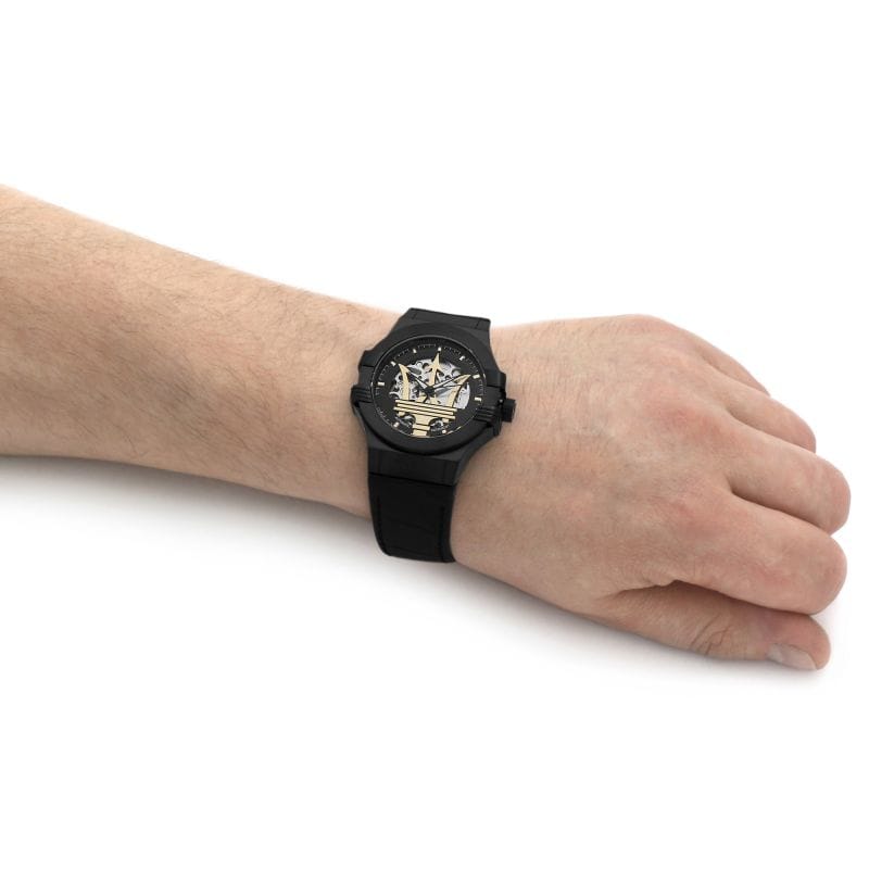 Maserati Potenza Automatic Black Dial Black Leather Strap Watch For Men - R8821108036
