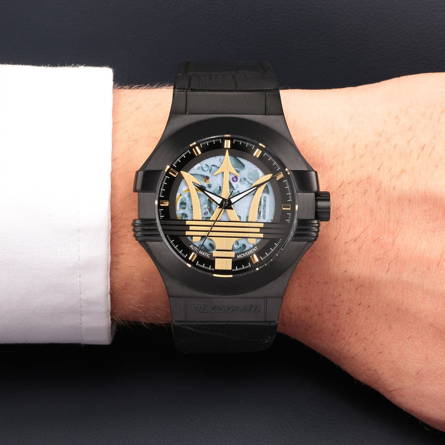 Maserati Potenza Automatic Black Dial Black Leather Strap Watch For Men - R8821108036