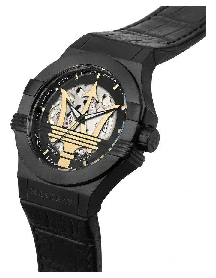 Maserati Potenza Automatic Black Dial Black Leather Strap Watch For Men - R8821108036