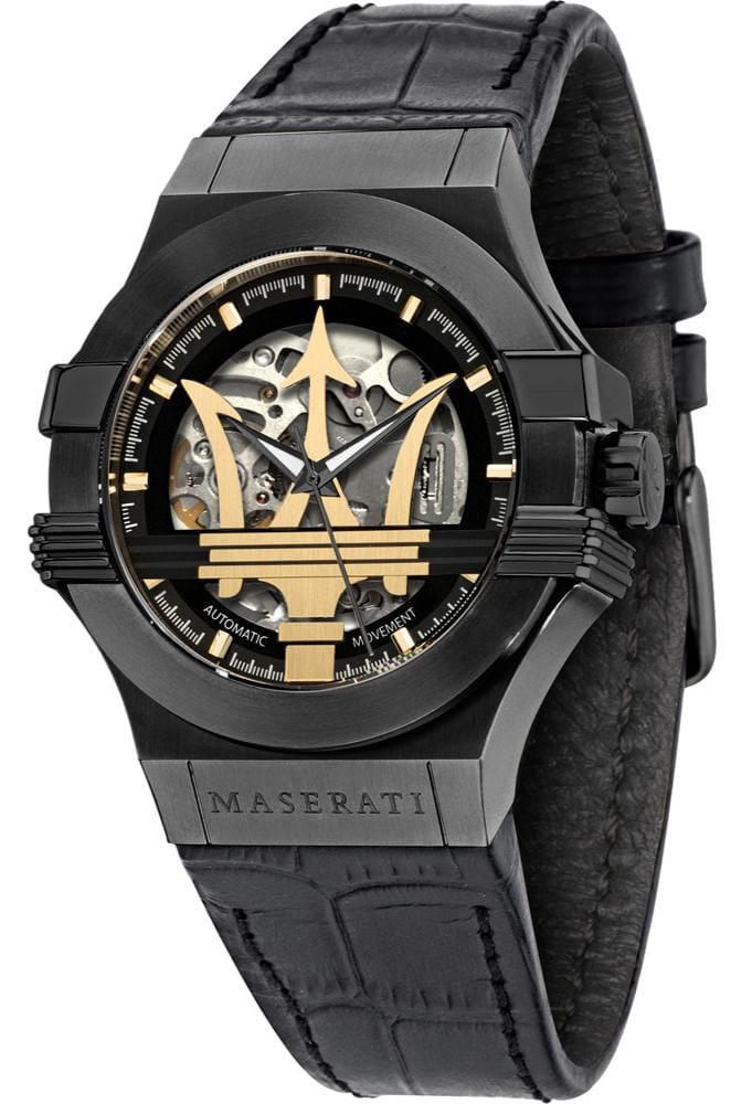 Maserati Potenza Automatic Black Dial Black Leather Strap Watch For Men - R8821108036
