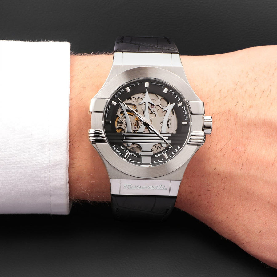 Maserati Potenza Automatic Black Dial Black Leather Strap Watch For Men - R8821108038