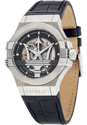 Maserati Potenza Automatic Black Dial Black Leather Strap Watch For Men - R8821108038