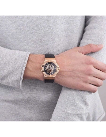 Maserati Potenza Automatic Rose Gold Dial Black Leather Strap Watch For Men - R8821108002