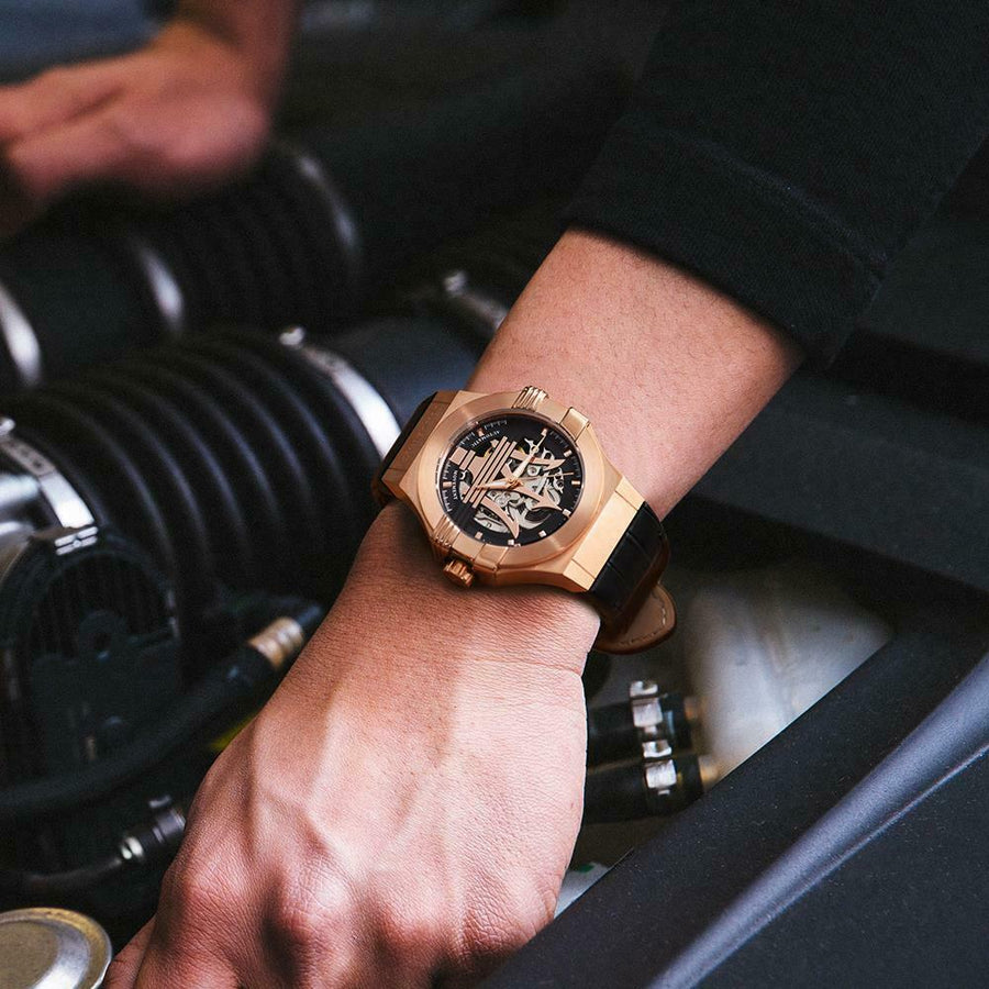 Maserati Potenza Automatic Rose Gold Dial Black Leather Strap Watch For Men - R8821108002