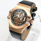 Maserati Potenza Automatic Rose Gold Dial Black Leather Strap Watch For Men - R8821108002