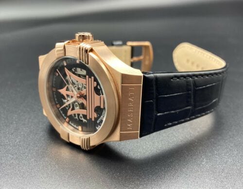 Maserati Potenza Automatic Rose Gold Dial Black Leather Strap Watch For Men - R8821108002