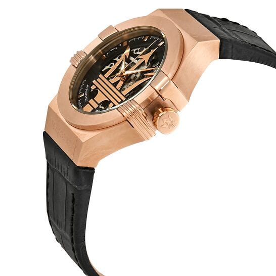 Maserati Potenza Automatic Rose Gold Dial Black Leather Strap Watch For Men - R8821108002