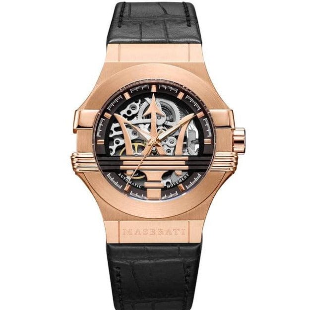 Maserati Potenza Automatic Rose Gold Dial Black Leather Strap Watch For Men - R8821108002