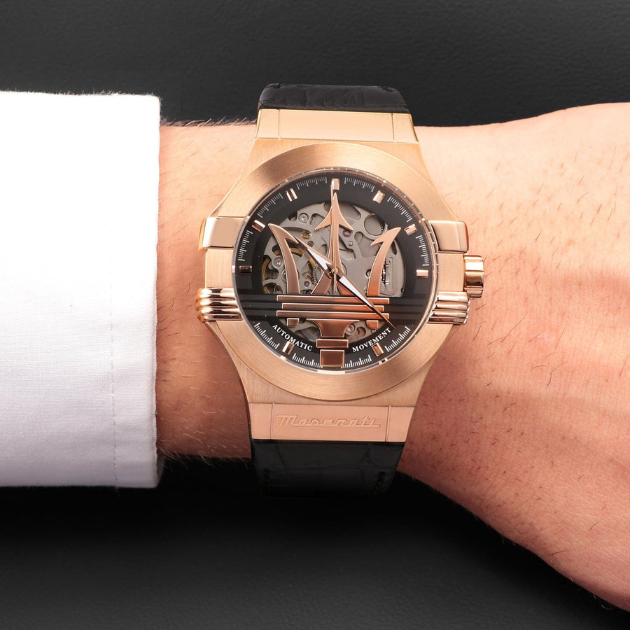 Maserati Potenza Automatic Skeleton Black Dial Black Leather Strap Watch For Men - R8821108039