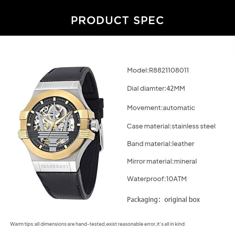 Maserati Potenza Automatic Skeleton Dial Black Leather Strap Watch For Men - R8821108011