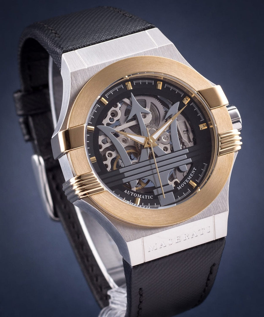Maserati Potenza Automatic Skeleton Dial Black Leather Strap Watch For Men - R8821108011