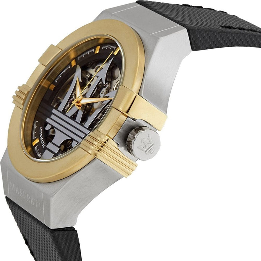 Maserati Potenza Automatic Skeleton Dial Black Leather Strap Watch For Men - R8821108011