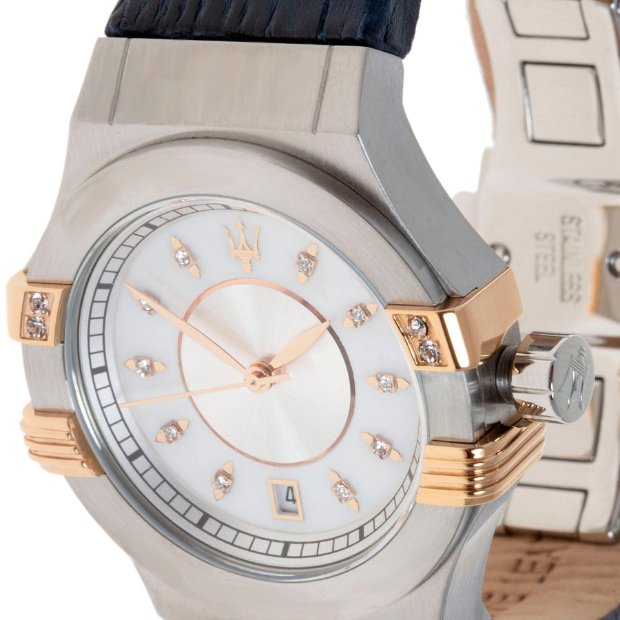 Maserati Potenza Diamonds Silver Dial Blue Leather Strap Watch For Women - R8851108502