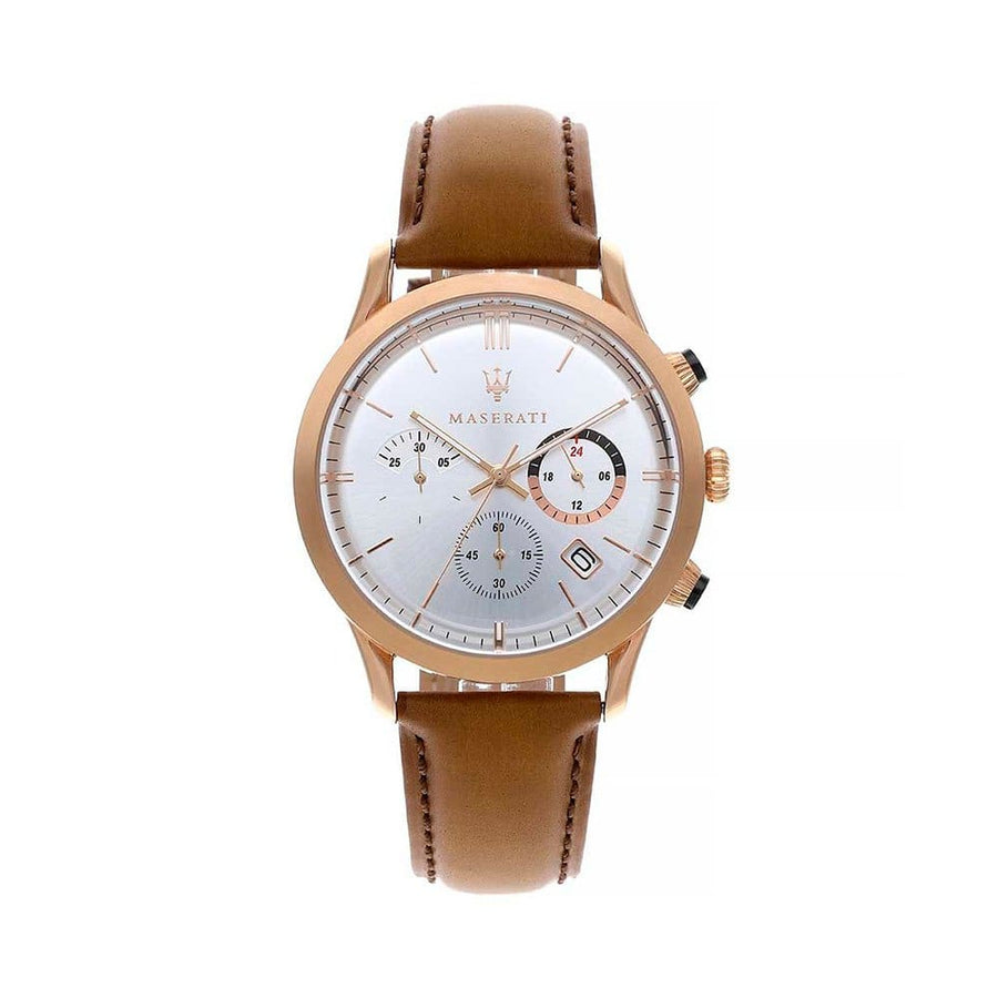 Maserati Ricordo Chronograph Silver Dial Brown Leather Strap Watch For Men - R8871633002