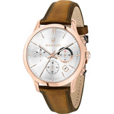 Maserati Ricordo Chronograph Silver Dial Brown Leather Strap Watch For Men - R8871633002