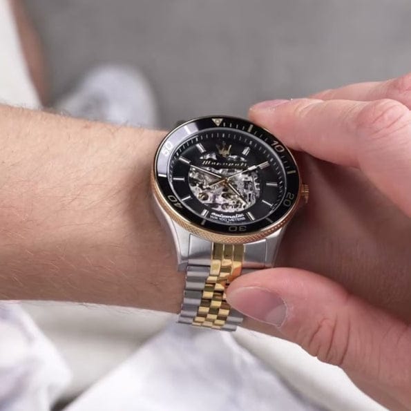 Maserati SFIDA Automatic Skeleton Black Dial Two Tone Steel Strap Watch For Men - R8823140010