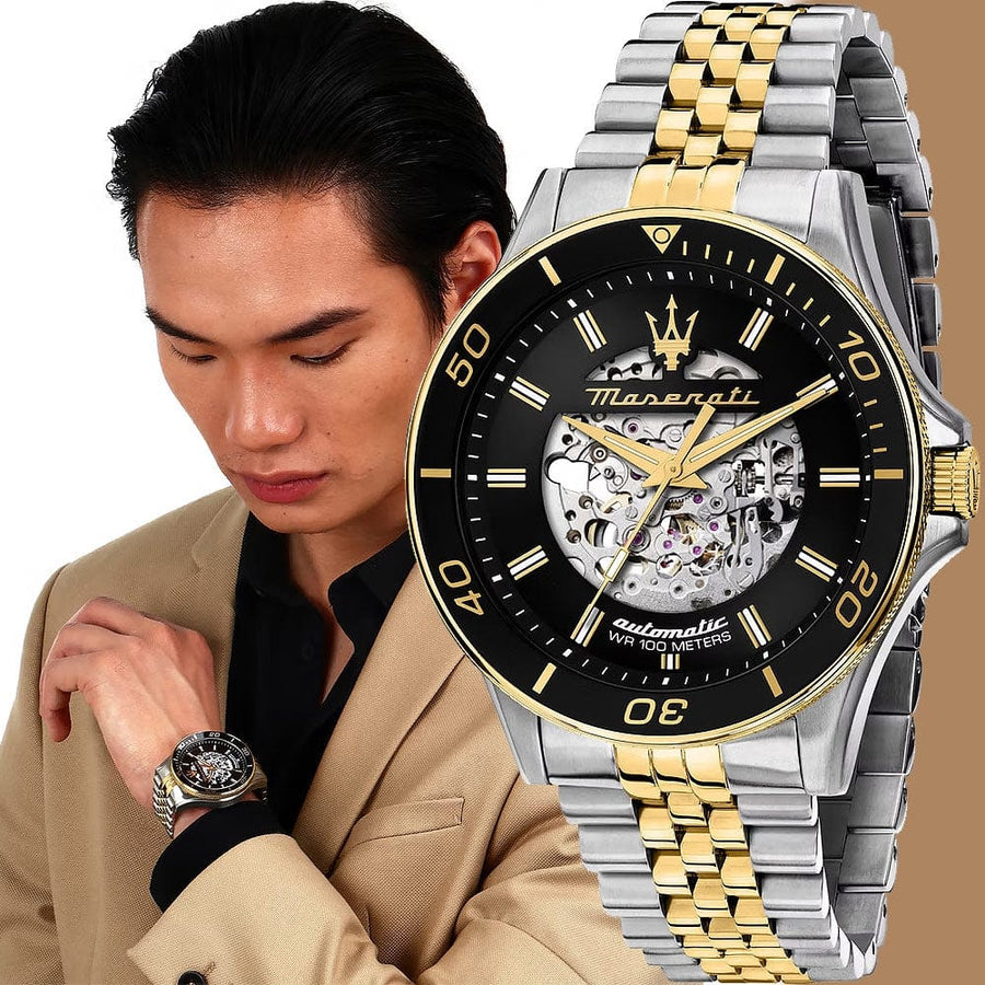 Maserati SFIDA Automatic Skeleton Black Dial Two Tone Steel Strap Watch For Men - R8823140010