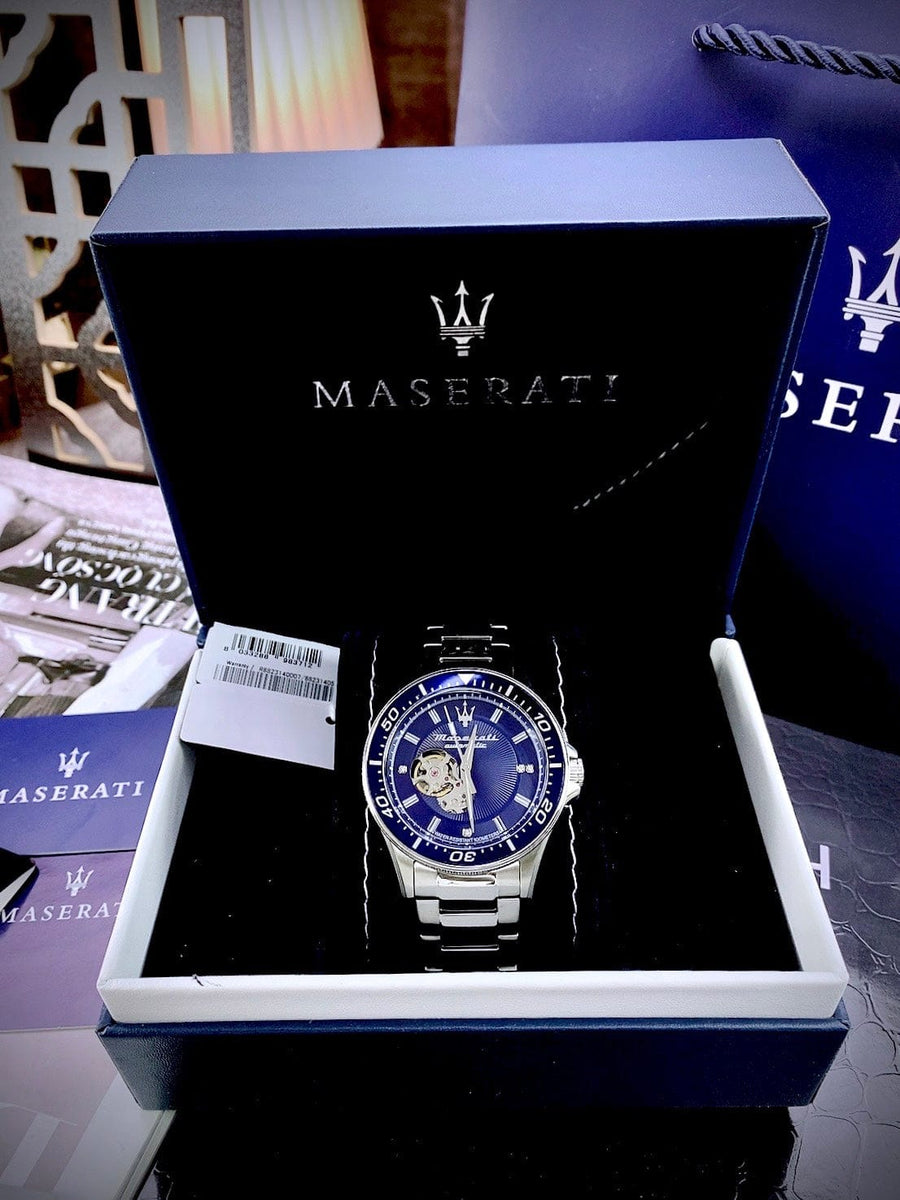 Maserati SFIDA Automatic Skeleton Blue Dial Silver Steel Strap Watch For Men - R8823140007