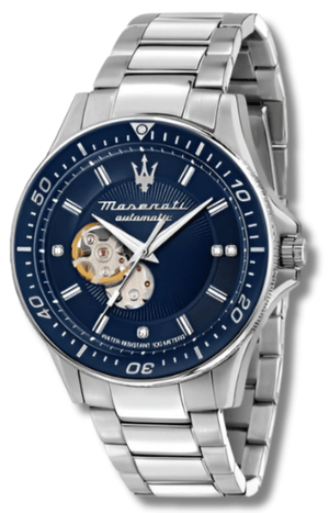 Maserati SFIDA Automatic Skeleton Blue Dial Silver Steel Strap Watch For Men - R8823140007