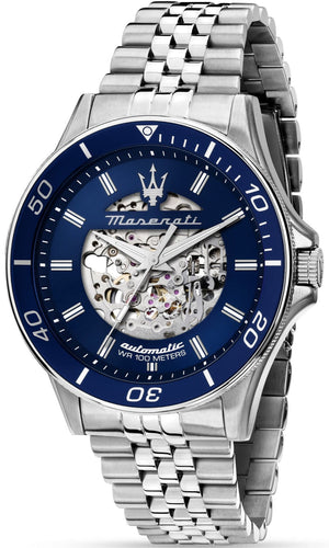 Maserati SFIDA Automatic Skeleton Blue Dial Silver Steel Strap Watch For Men - R882314001