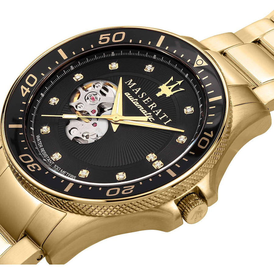 Maserati SFIDA Black Dial Yellow Gold Toned Stainless Steel Watch For Men - R8823140003