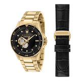 Maserati SFIDA Black Dial Yellow Gold Toned Stainless Steel Watch For Men - R8823140003