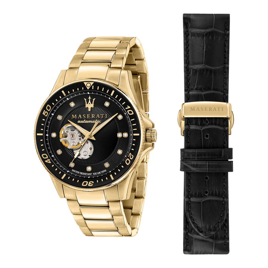 Maserati SFIDA Black Dial Yellow Gold Toned Watch For Men - R8823140003