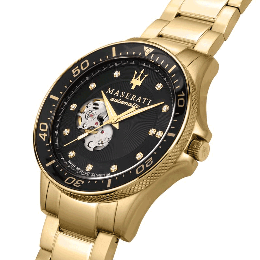 Maserati SFIDA Black Dial Yellow Gold Toned Watch For Men - R8823140003